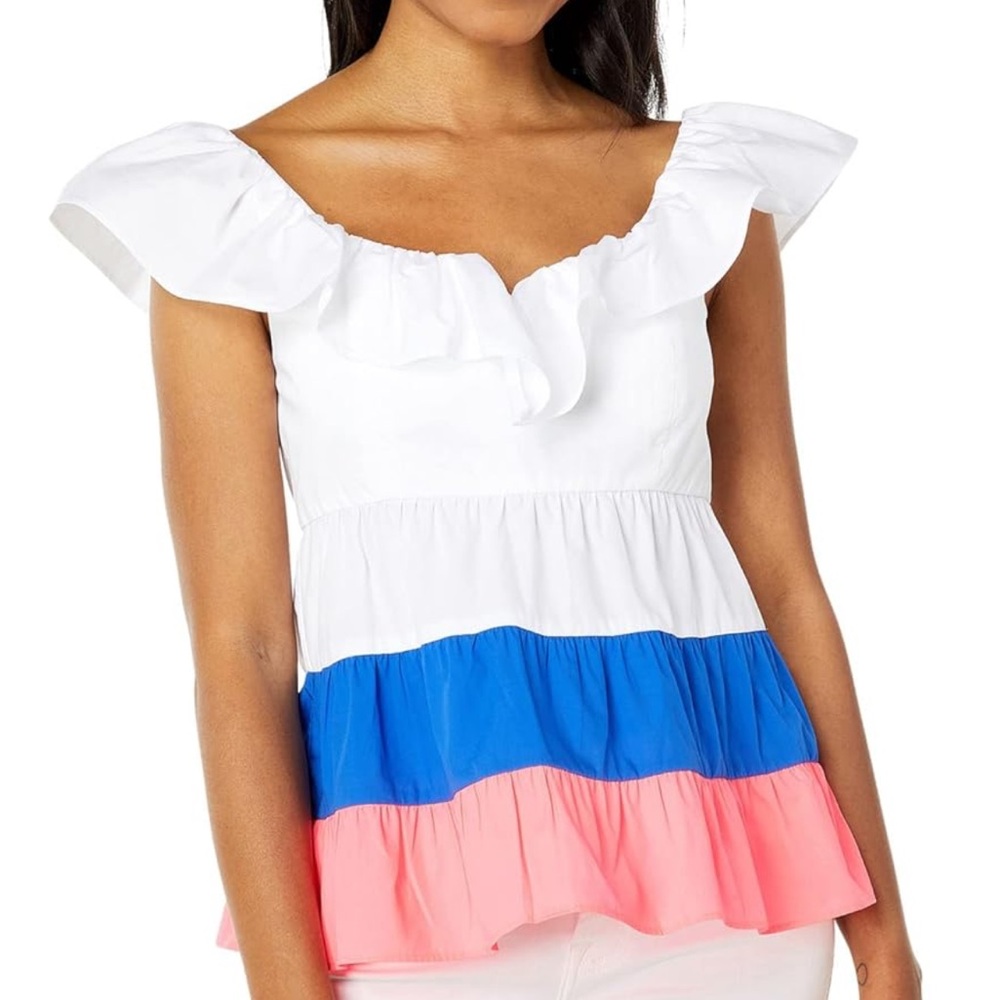 Lilly Pulitzer White, Blue, and Pink Ruffle Blouse,size 4 .